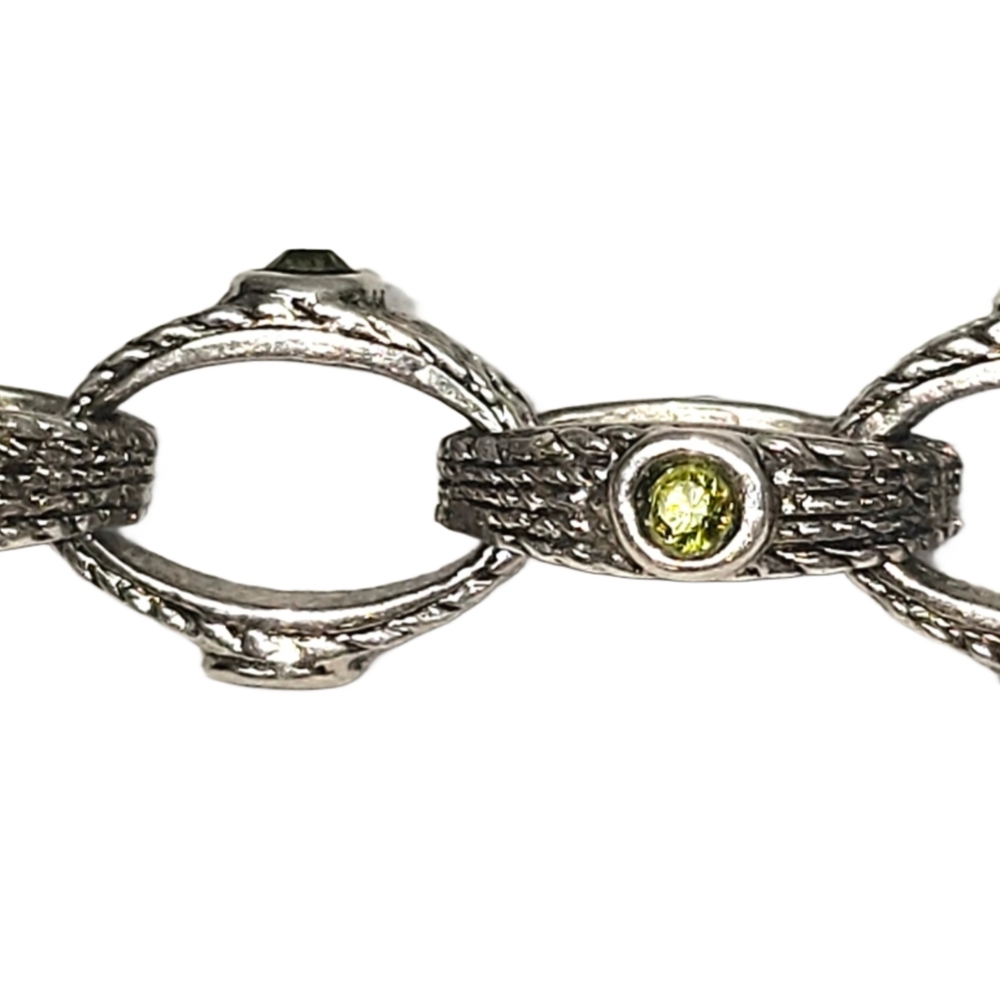 Silvertone Chain Link Bracelet w/Bright Green Stones | Braided Patterned Links